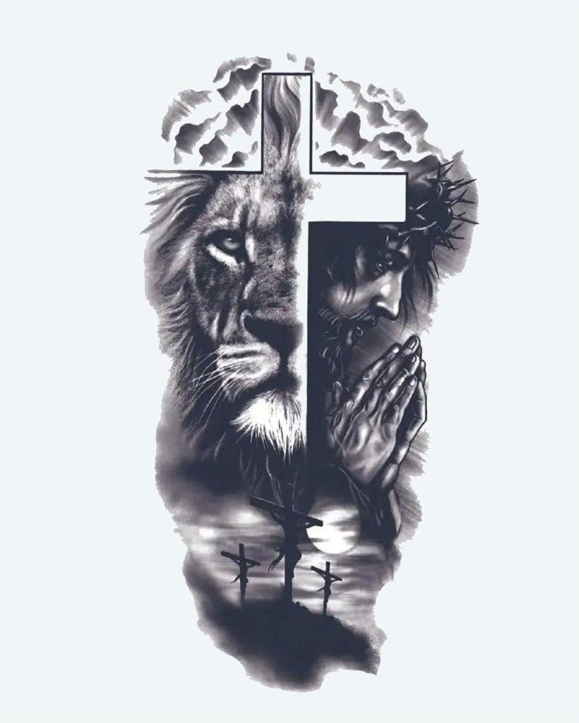 Lion & Cross Faith semi-permanent tattoo design by INKON – split, composition, lion, face, praying illustration, 4 x 7 in (10x17cm), available at inkon.co