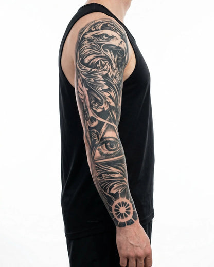 INKON Eagle & All-Seeing Eye semi-permanent tattoo applied on a man – 8 x 20 in (20x50cm) design, realistic ink look, lasts 10 days