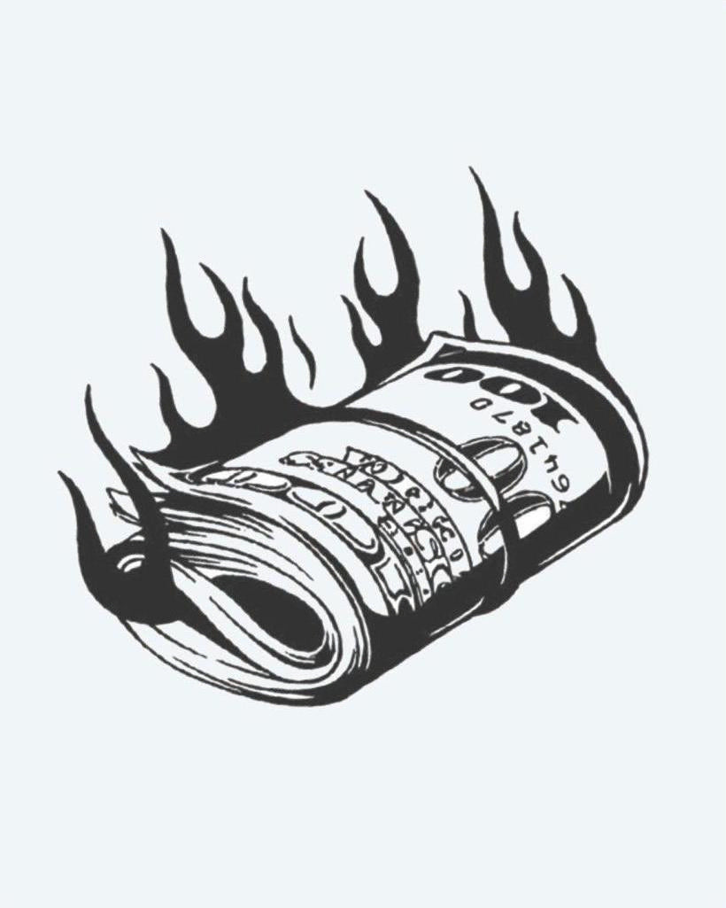Burning Money Roll semi-permanent tattoo design by INKON – burning, cash, roll, rolled, stack illustration, 3 x 4 in (7x10cm), available at inkon.co