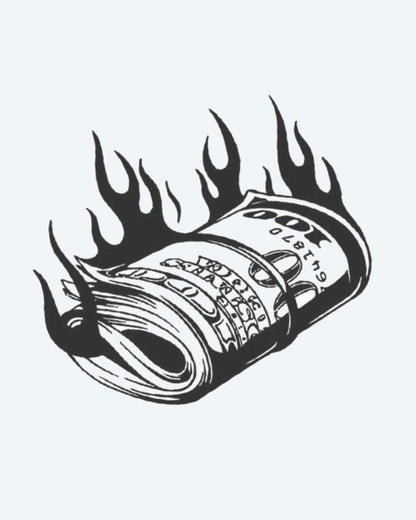 Burning Money Roll semi-permanent tattoo design by INKON – burning, cash, roll, rolled, stack illustration, 3 x 4 in (7x10cm), available at inkon.co