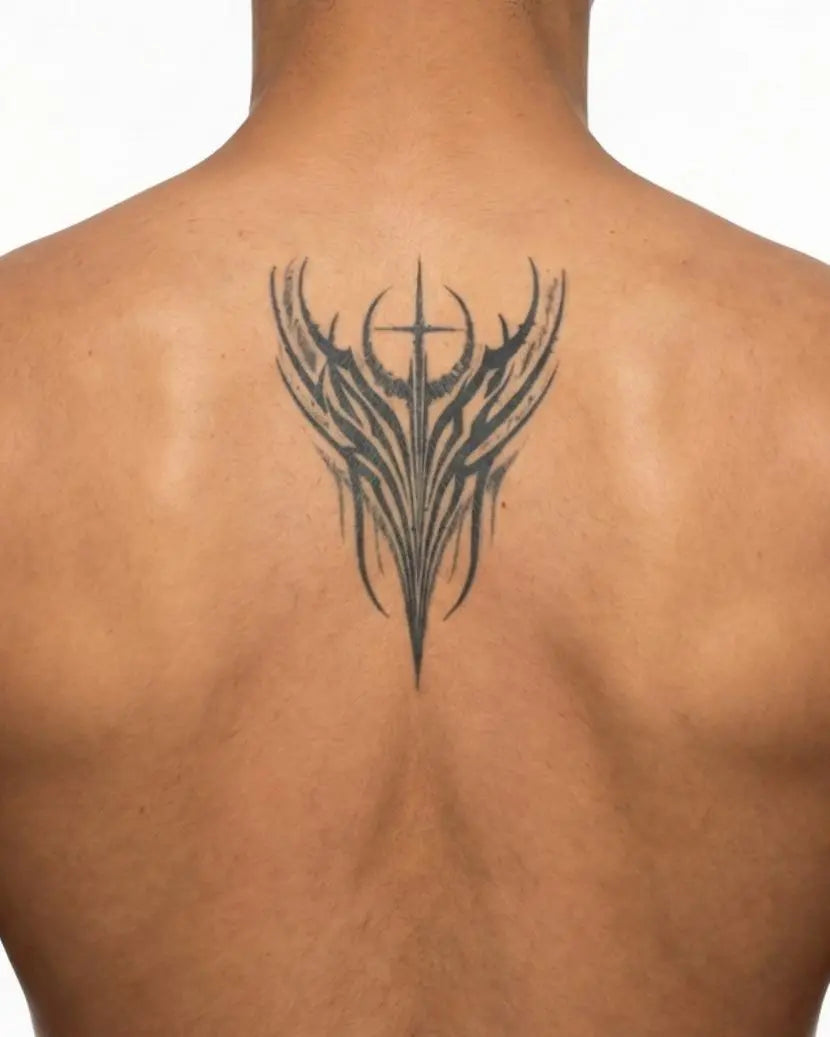 INKON Tribal Wings & Cross semi-permanent tattoo applied on a man – 4 x 8 in (11x21cm) design, realistic ink look, lasts 10 days