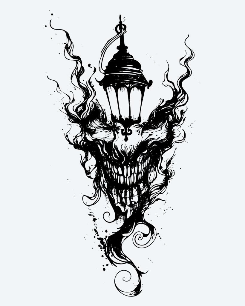 Demon Lantern semi-permanent tattoo design by INKON – sinister, skull, faced, demon, merging illustration, 4 x 7 in (10x17cm), available at inkon.co