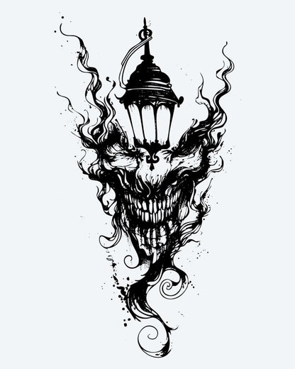 Demon Lantern semi-permanent tattoo design by INKON – sinister, skull, faced, demon, merging illustration, 4 x 7 in (10x17cm), available at inkon.co
