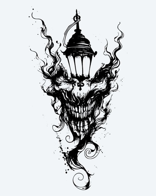 Demon Lantern semi-permanent tattoo design by INKON – sinister, skull, faced, demon, merging illustration, 4 x 7 in (10x17cm), available at inkon.co