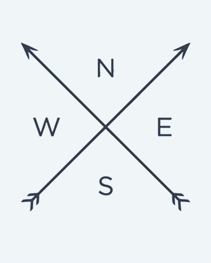 Compass Arrows semi-permanent tattoo design by INKON – minimalist, crossed, arrows, cardinal, points illustration, 2 x 2 in (5x5cm), available at inkon.co