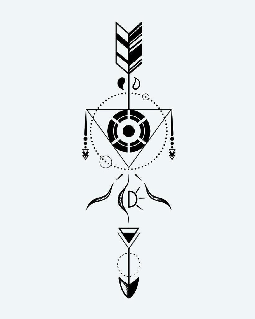 Geometric Arrow semi-permanent tattoo design by INKON – crisp, fine, lines, precise, dotwork illustration, 4 x 7 in (10x17cm), available at inkon.co
