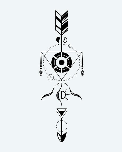 Geometric Arrow semi-permanent tattoo design by INKON – crisp, fine, lines, precise, dotwork illustration, 4 x 7 in (10x17cm), available at inkon.co