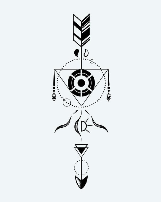 Geometric Arrow semi-permanent tattoo design by INKON – crisp, fine, lines, precise, dotwork illustration, 4 x 7 in (10x17cm), available at inkon.co