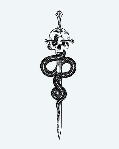 Serpent & Skull Dagger semi-permanent tattoo design by INKON – illustrative, blackwork, coiled, serpent, dagger illustration, 4 x 7 in (10x17cm), available at inkon.co