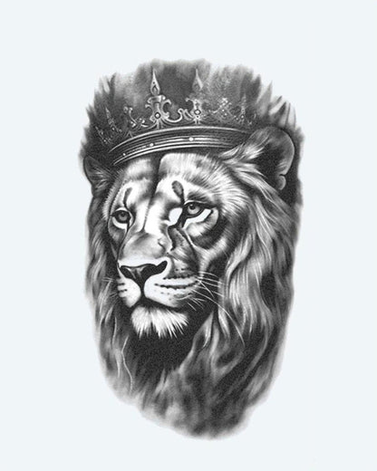 Crowned Lion 2 semi-permanent tattoo design by INKON – regal, lion, portrait, wearing, ornate illustration, 4 x 8 in (11x21cm), available at inkon.co