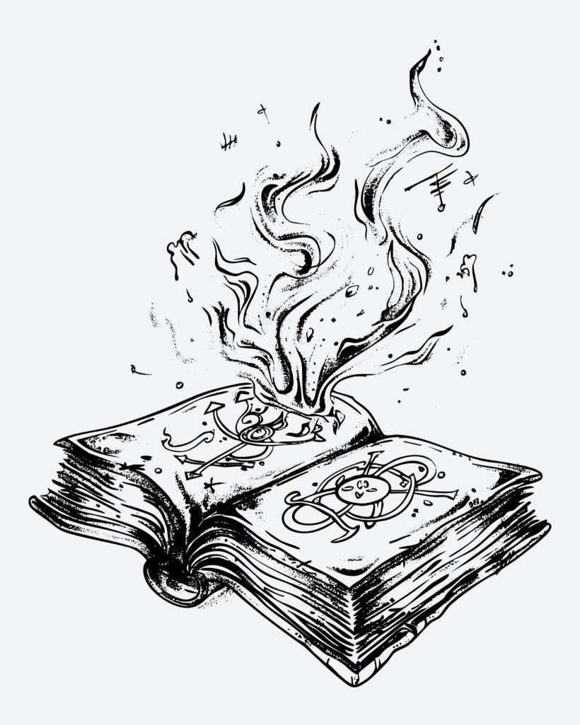 Burning Spell Book semi-permanent tattoo design by INKON – open, ancient, spell, book, mystical illustration, 4 x 4 in (9x9cm), available at inkon.co