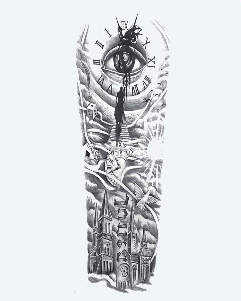 Eye, Clock & Cathedral Sleeve semi-permanent tattoo design by INKON – full, sleeve, seeing, inside, roman illustration, 8 x 20 in (20x50cm), available at inkon.co