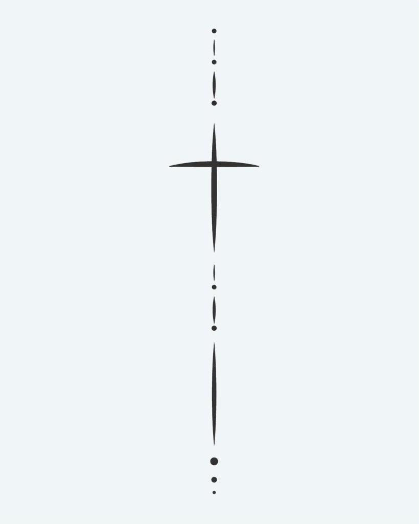 Minimalist Cross & Dots semi-permanent tattoo design by INKON – delicate, fine, line, cross, elongated illustration, 4 x 7 in (10x17cm), available at inkon.co