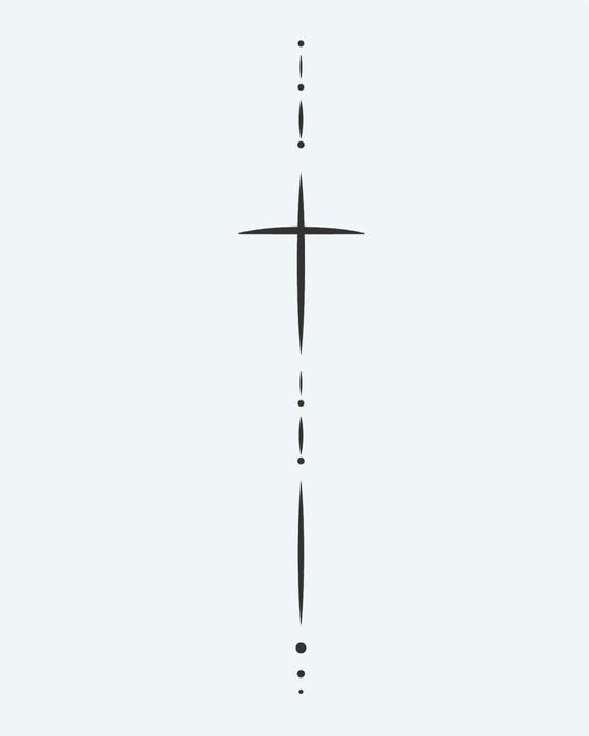 Minimalist Cross & Dots semi-permanent tattoo design by INKON – delicate, fine, line, cross, elongated illustration, 4 x 7 in (10x17cm), available at inkon.co