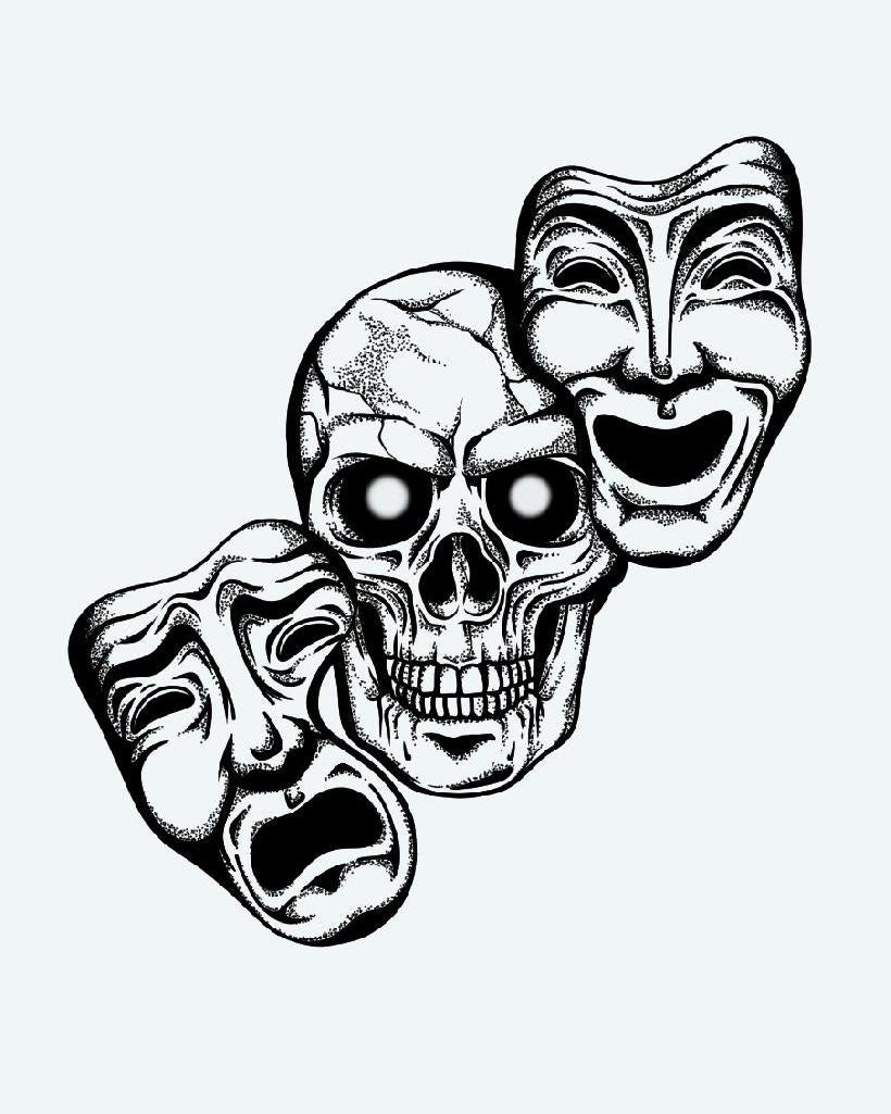 Skull & Drama Masks semi-permanent tattoo design by INKON – dotwork, shading, defines, chicano, skull illustration, 4 x 7 in (10x17cm), available at inkon.co