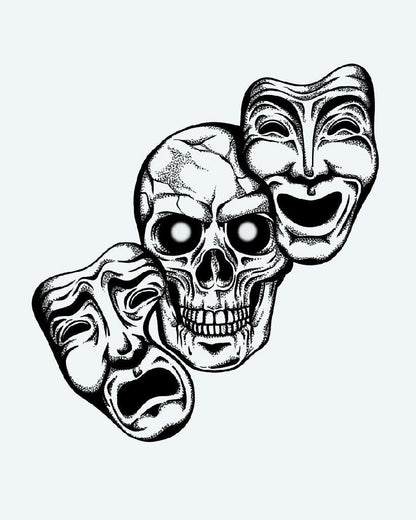 Skull & Drama Masks semi-permanent tattoo design by INKON – dotwork, shading, defines, chicano, skull illustration, 4 x 7 in (10x17cm), available at inkon.co