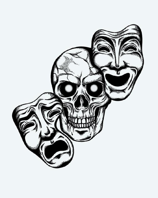 Skull & Drama Masks semi-permanent tattoo design by INKON – dotwork, shading, defines, chicano, skull illustration, 4 x 7 in (10x17cm), available at inkon.co