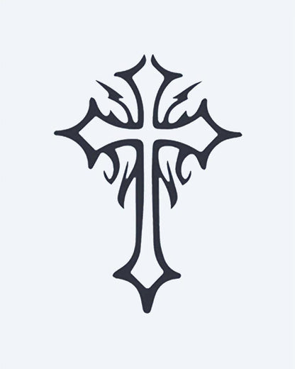 Gothic Cross 3 semi-permanent tattoo design by INKON – gothic, cross, ornate, pointed, edges illustration, 2 x 2 in (5x5cm), available at inkon.co