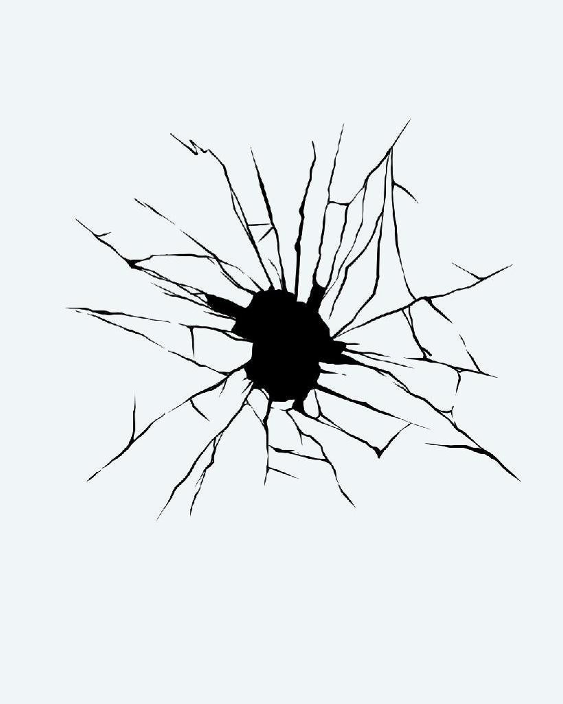 Shattered Glass Impact semi-permanent tattoo design by INKON – high, contrast, illustrative, blackwork, jagged illustration, 4 x 4 in (9x9cm), available at inkon.co