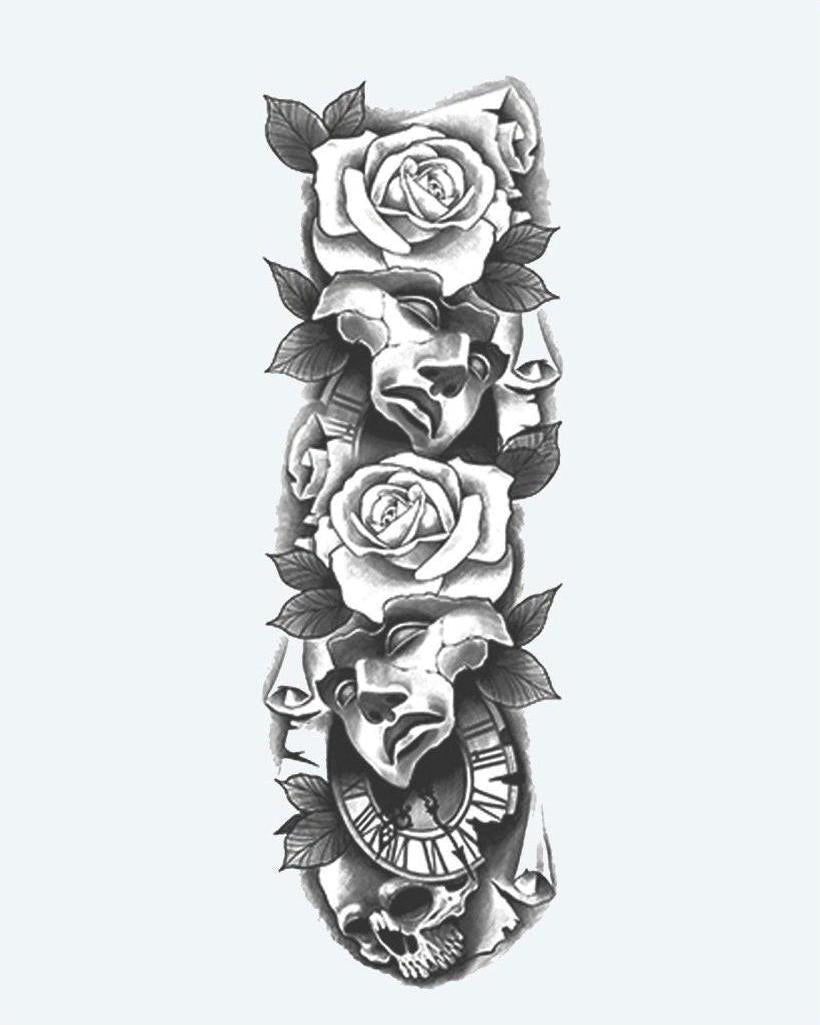 Theater Masks, Roses & Skull semi-permanent tattoo design by INKON – expressive, full, sleeve, comedy, tragedy illustration, 8 x 20 in (20x50cm), available at inkon.co