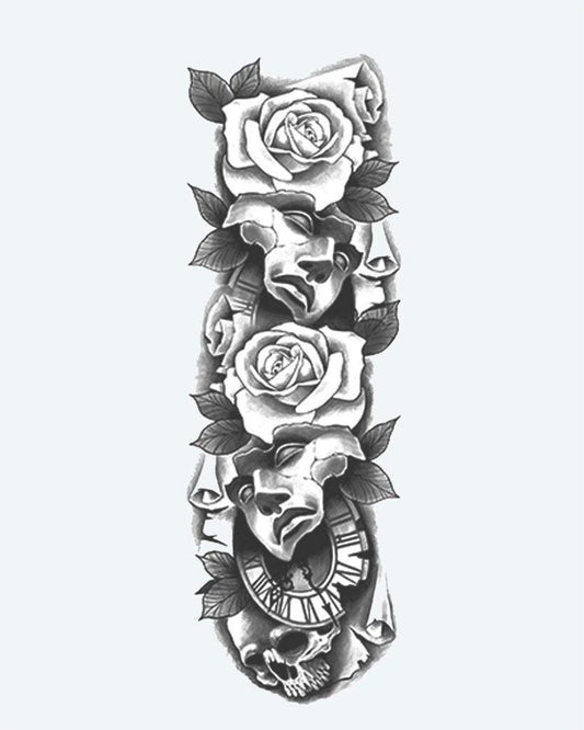 Theater Masks, Roses & Skull semi-permanent tattoo design by INKON – expressive, full, sleeve, comedy, tragedy illustration, 8 x 20 in (20x50cm), available at inkon.co