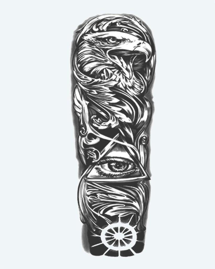 Eagle & All-Seeing Eye semi-permanent tattoo design by INKON – majestic, full, sleeve, eagle, seeing illustration, 8 x 20 in (20x50cm), available at inkon.co