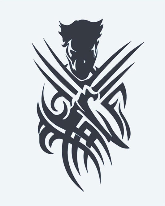 Tribal Warrior Claws semi-permanent tattoo design by INKON – silhouette, warrior, extended, claws, tribal illustration, 4 x 7 in (10x17cm), available at inkon.co