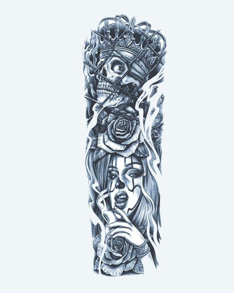 Skull King & Queen semi-permanent tattoo design by INKON – dark, full, sleeve, crowned, skull illustration, 8 x 20 in (20x50cm), available at inkon.co