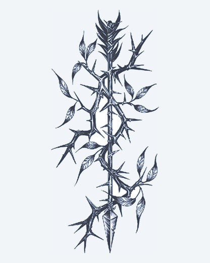 Thorny Branch semi-permanent tattoo design by INKON – vertical, thorny, vine, branch, leaves illustration, 4 x 7 in (10x17cm), available at inkon.co