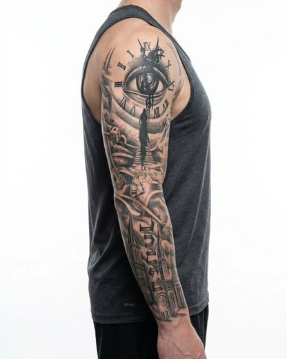 INKON Eye, Clock & Cathedral Sleeve semi-permanent tattoo applied on a man – 8 x 20 in (20x50cm) design, realistic ink look, lasts 10 days