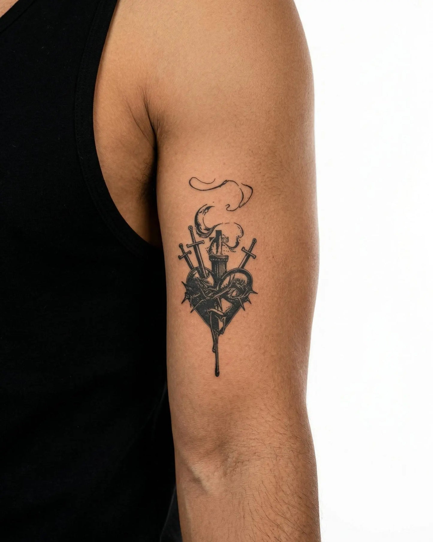 INKON Sacred Heart & Daggers semi-permanent tattoo applied on a man – 3 x 4 in (6x11cm) design, realistic ink look, lasts 10 days