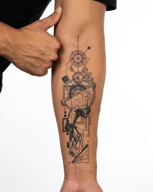 INKON Atlas & Sacred Geometry semi-permanent tattoo applied on a man – 4 x 8 in (11x21cm) design, realistic ink look, lasts 10 days