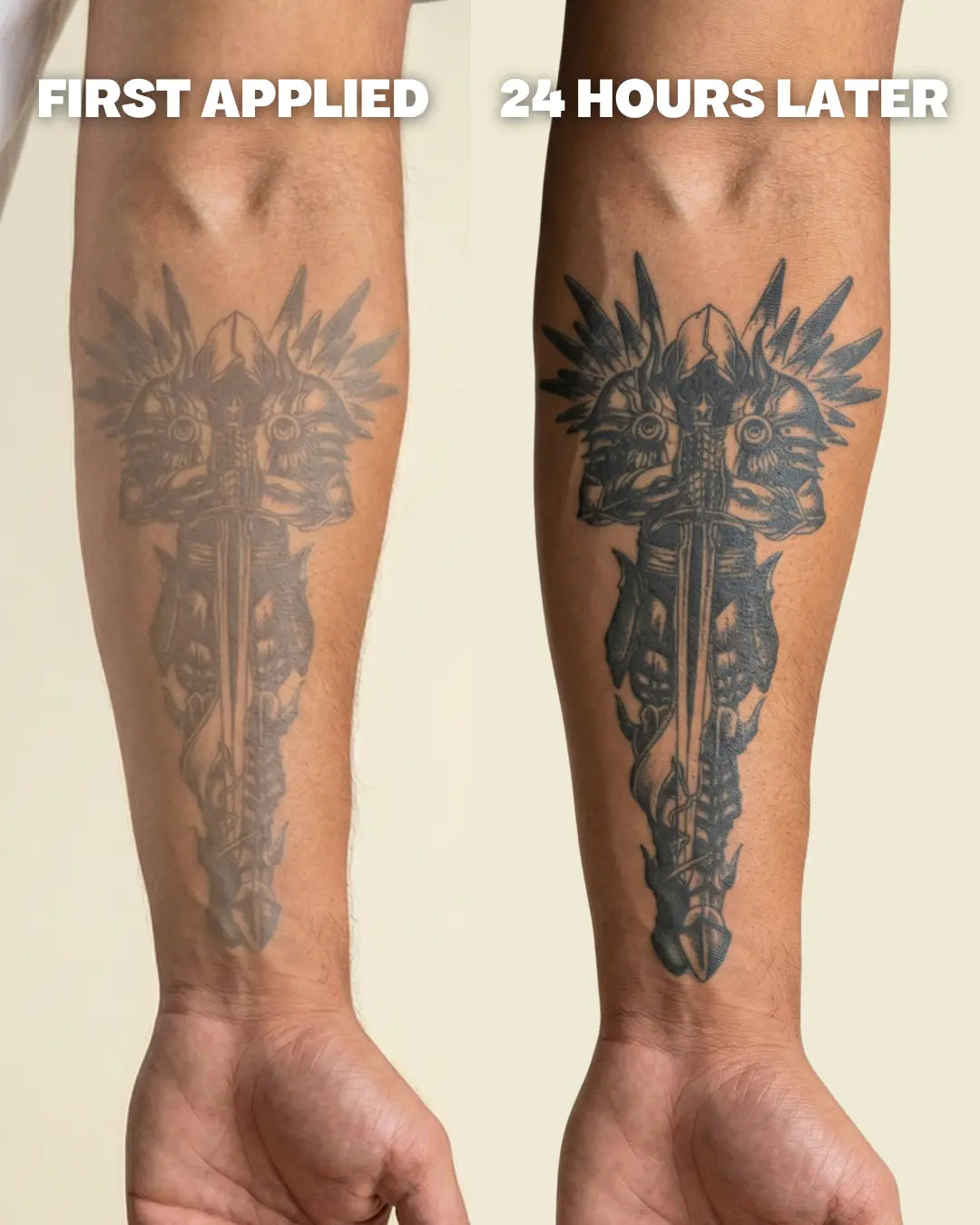 INKON semi-permanent tattoo before and after – left shows light appearance immediately after application, right shows full dark realistic dotwork result 24 hours later using InstantInk™ herbal ink technology