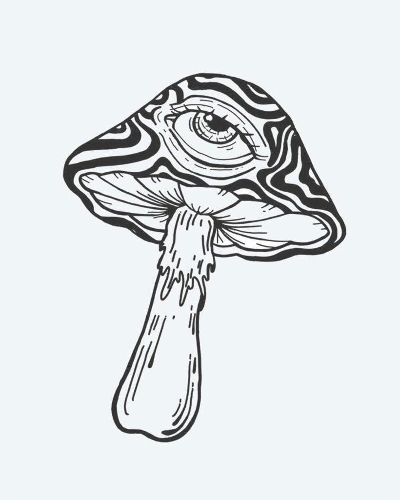 Psychedelic Mushroom Eye semi-permanent tattoo design by INKON – trippy, mushroom, mystical, embedded, swirling illustration, 3 x 4 in (7x10cm), available at inkon.co