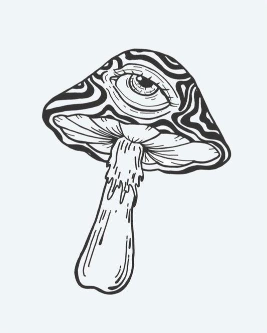 Psychedelic Mushroom Eye semi-permanent tattoo design by INKON – trippy, mushroom, mystical, embedded, swirling illustration, 3 x 4 in (7x10cm), available at inkon.co