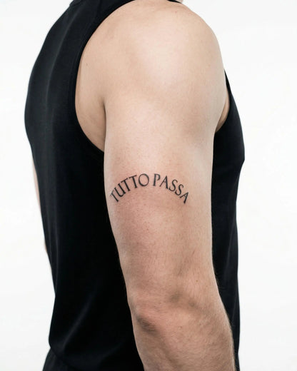INKON Tutto Passa semi-permanent tattoo applied on a man – 3 x 4 in (6x11cm) design, realistic ink look, lasts 10 days
