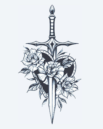 Sword & Roses Shield semi-permanent tattoo design by INKON – dagger, piercing, through, heart, shaped illustration, 4 x 7 in (10x17cm), available at inkon.co