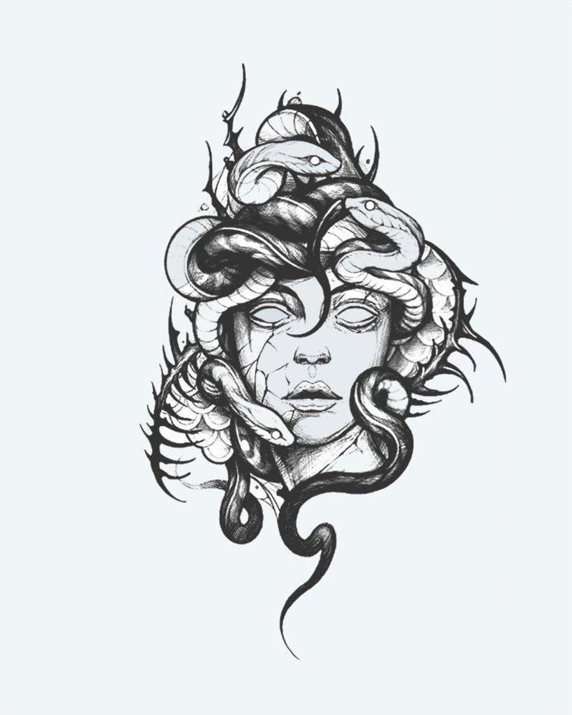 Medusa semi-permanent tattoo design by INKON – haunting, medusa, portrait, intertwining, snakes illustration, 4 x 7 in (10x17cm), available at inkon.co