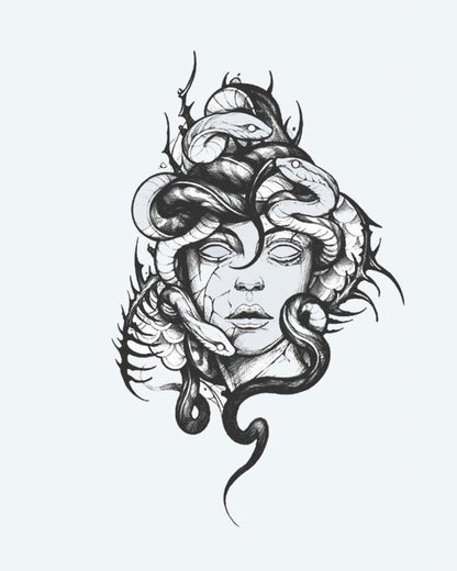 Medusa semi-permanent tattoo design by INKON – haunting, medusa, portrait, intertwining, snakes illustration, 4 x 7 in (10x17cm), available at inkon.co