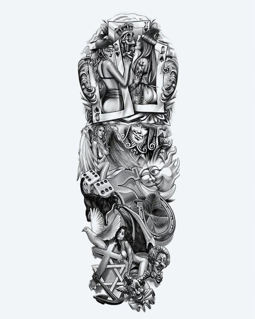 Casino & Pin-Up Girls semi-permanent tattoo design by INKON – playful, full, sleeve, playing, cards illustration, 8 x 20 in (20x50cm), available at inkon.co