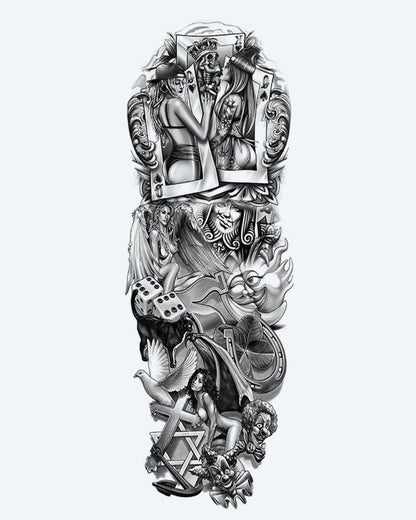 Casino & Pin-Up Girls semi-permanent tattoo design by INKON – playful, full, sleeve, playing, cards illustration, 8 x 20 in (20x50cm), available at inkon.co