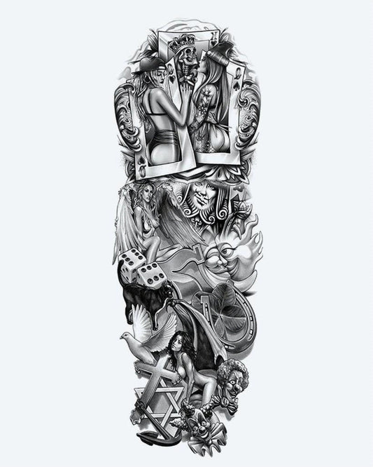 Casino & Pin-Up Girls semi-permanent tattoo design by INKON – playful, full, sleeve, playing, cards illustration, 8 x 20 in (20x50cm), available at inkon.co