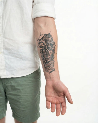 INKON Biomechanical Gears semi-permanent tattoo applied on a man – 4 x 7 in (10x17cm) design, realistic ink look, lasts 10 days