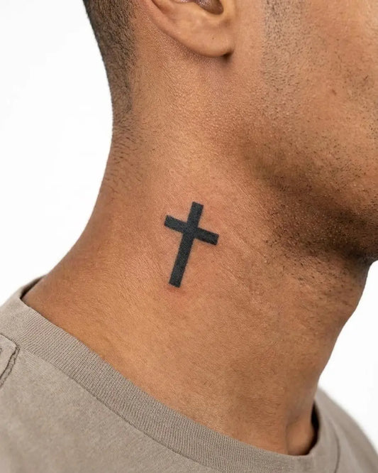 INKON Classic Cross semi-permanent tattoo applied on a man – 2 x 2 in (5x5cm) design, realistic ink look, lasts 10 days