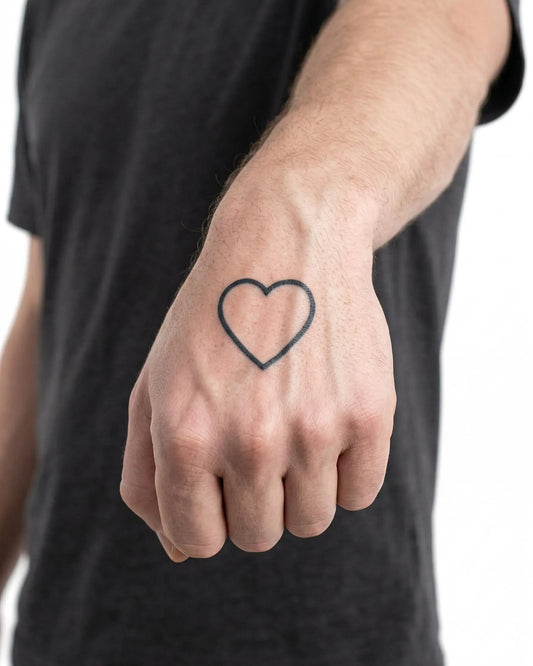 INKON Heart Outline semi-permanent tattoo applied on a man – 2 x 2 in (5x5cm) design, realistic ink look, lasts 10 days