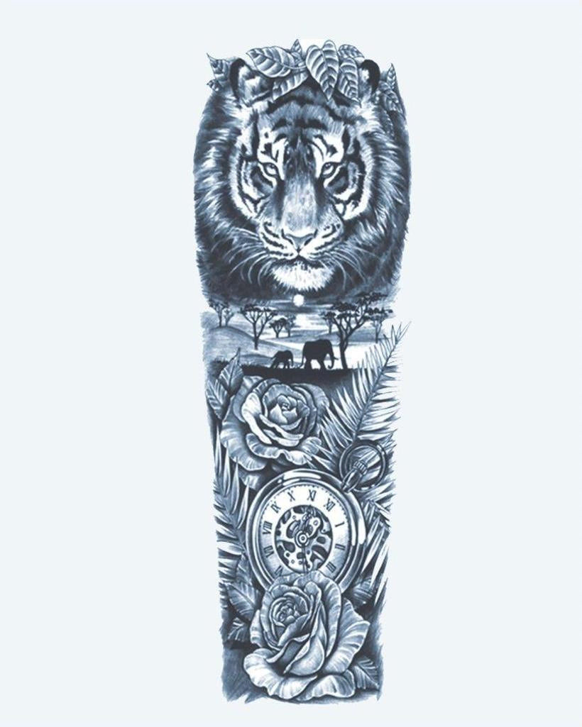 Tiger & Safari Clock semi-permanent tattoo design by INKON – majestic, full, sleeve, tiger, african illustration, 8 x 20 in (20x50cm), available at inkon.co