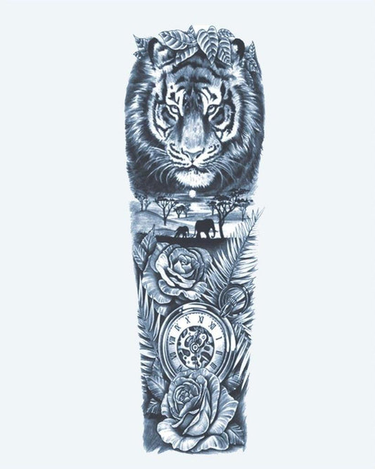 Tiger & Safari Clock semi-permanent tattoo design by INKON – majestic, full, sleeve, tiger, african illustration, 8 x 20 in (20x50cm), available at inkon.co