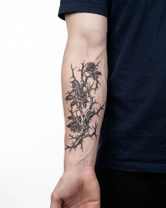 INKON Roses & Thorns semi-permanent tattoo applied on a man – 4 x 7 in (10x17cm) design, realistic ink look, lasts 10 days
