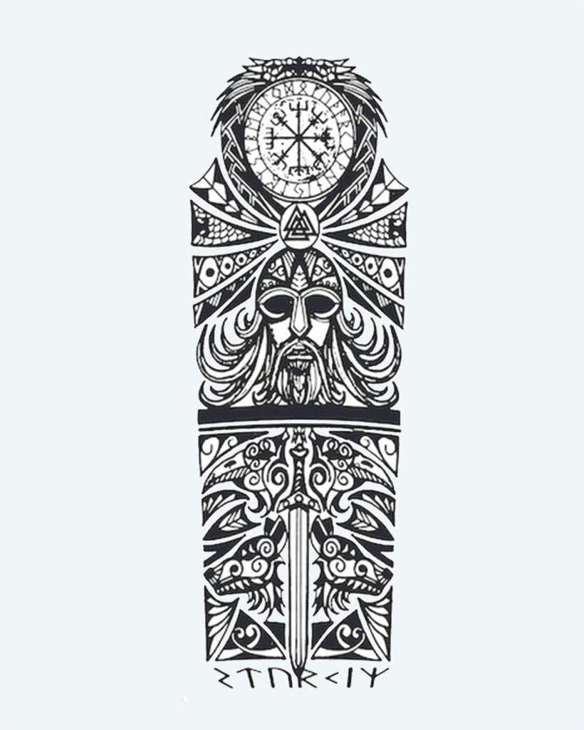 Viking Odin & Runes semi-permanent tattoo design by INKON – norse, mythology, full, sleeve, odin illustration, 8 x 20 in (20x50cm), available at inkon.co