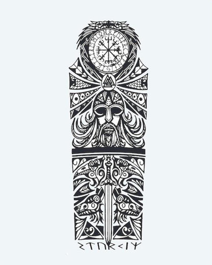 Viking Odin & Runes semi-permanent tattoo design by INKON – norse, mythology, full, sleeve, odin illustration, 8 x 20 in (20x50cm), available at inkon.co